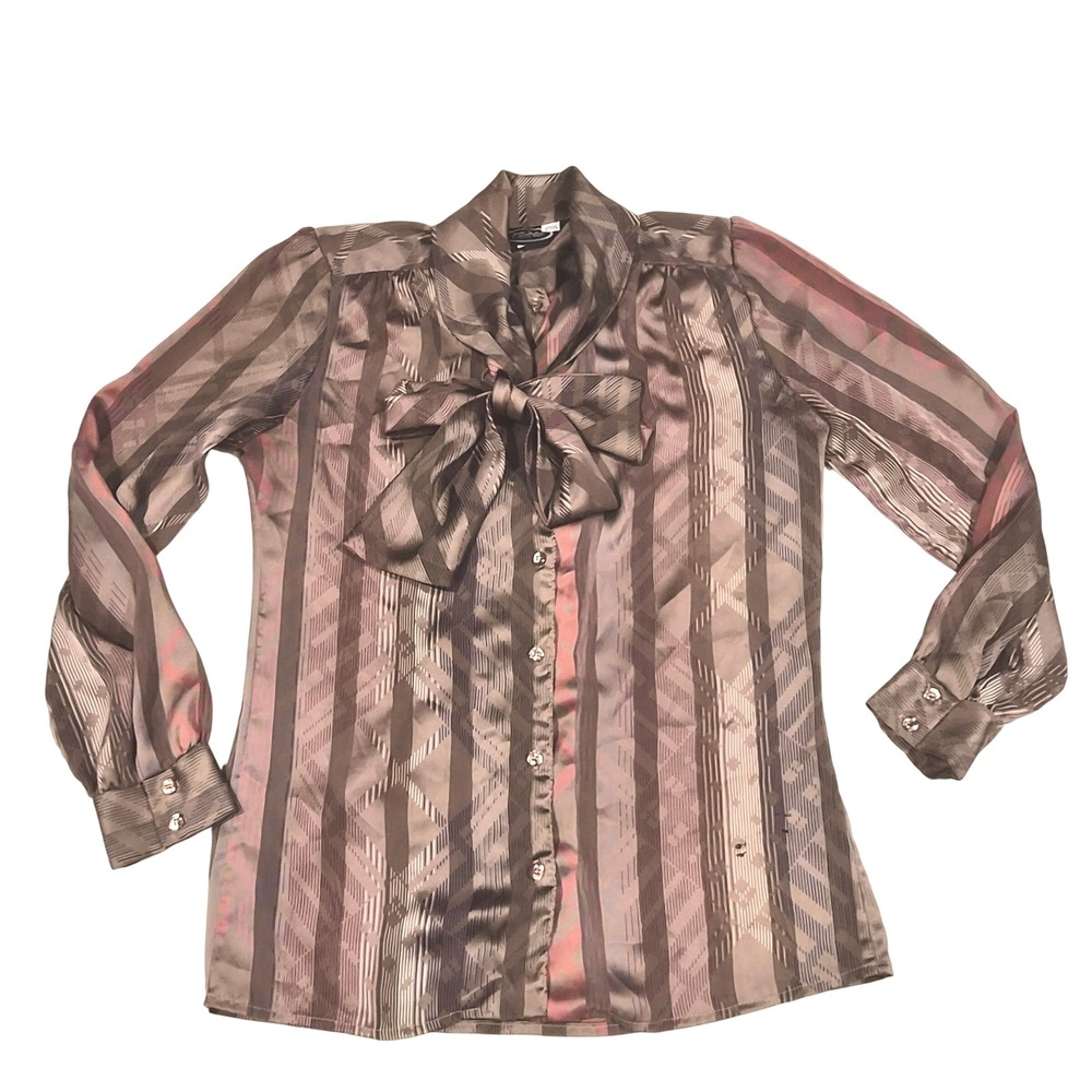 Vintage Frank-Lee of California Pussybow Blouse Taupe Geometric Stripe Sz 7/8
